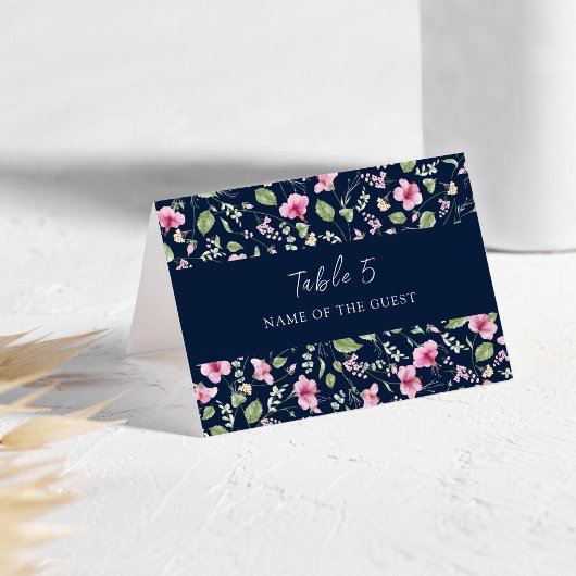 Dusty Navy Blue Pink Hibiscus Wedding Place Card テーブルナンバー