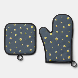 Dusty Navy Japanese Yellow Viola Floral Pattern 鍋つかみ&鍋敷きセット