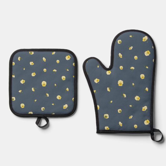 Dusty Navy Japanese Yellow Viola Floral Pattern 鍋つかみ&鍋敷きセット (正面)