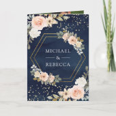 Dusty Peach Floral Navy Blue QR Code Wedding 招待状 (正面)