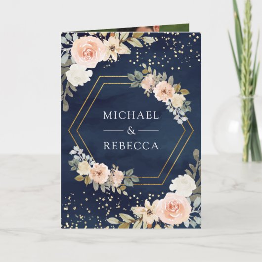 Dusty Peach Floral Navy Blue QR Code Wedding 招待状 (正面)