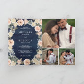 Dusty Peach Floral Navy Blue QR Code Wedding 招待状 (内部)