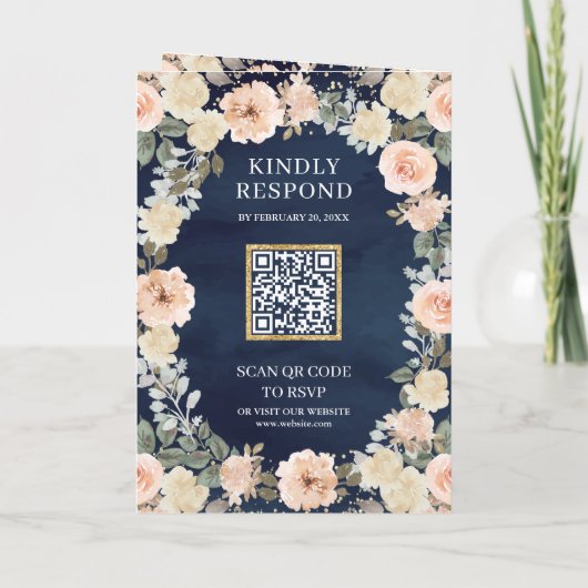 Dusty Peach Floral Navy Blue QR Code Wedding 招待状 (裏面)
