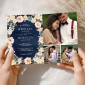 Dusty Peach Floral Navy Blue QR Code Wedding 招待状