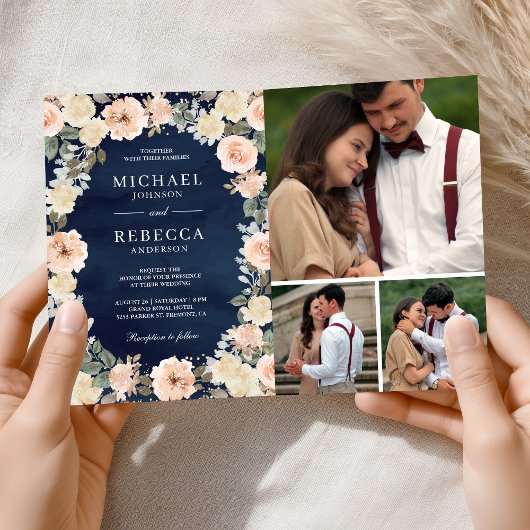 Dusty Peach Floral Navy Blue QR Code Wedding 招待状