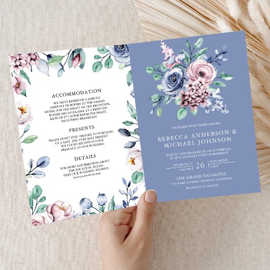 Dusty Periwinkle Blue Pink Floral QR Code Wedding 招待状