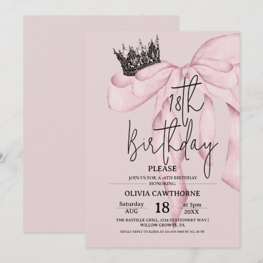 Dusty Pink 18th Birthday ⎮Pink Royal Bow Party 招待状 (正面/裏面)