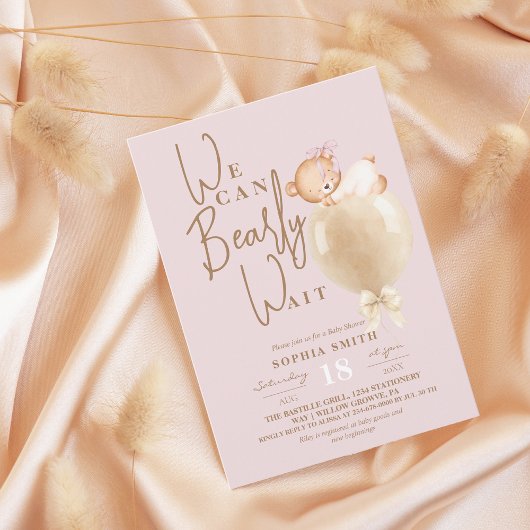 Dusty Pink Bear Balloon Baby Shower 招待状