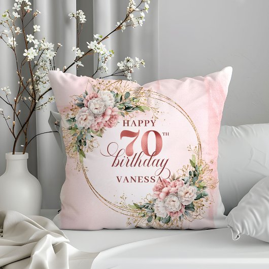 Dusty Pink Bohemian Floral Pillow 70th Birthday  クッション