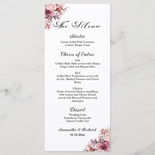 Dusty Pink Bohoフローラ4x9"のメ結婚ニュー メニュー (正面)