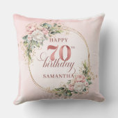 Dusty Pink Boho Flowers Gold Pillow 70th Birthday クッション (裏面)