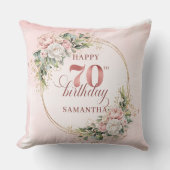 Dusty Pink Boho Flowers Gold Pillow 70th Birthday クッション (正面)