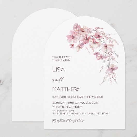 Dusty Pink Boho Flowers White Casual Wedding 招待状 (正面/裏面)