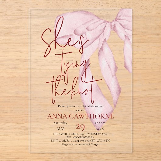 Dusty Pink Bow ⎮Modern Elegant Bridal Shower アクリル招待状 (正面)
