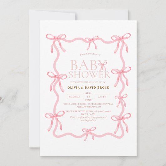 Dusty Pink Bow Pastel Baby Shower 招待状 (正面)