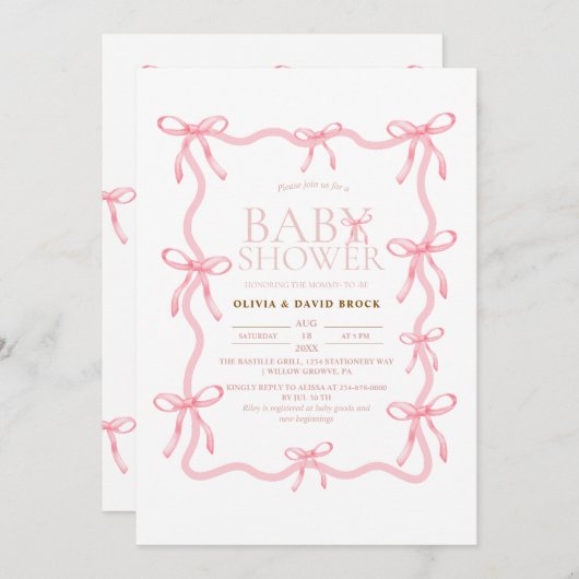 Dusty Pink Bow Pastel Baby Shower 招待状 (正面/裏面)