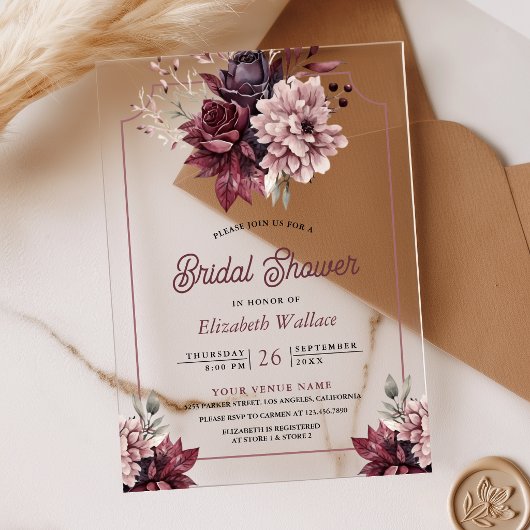 Dusty Pink Burgundy Floral Bridal Shower アクリル招待状
