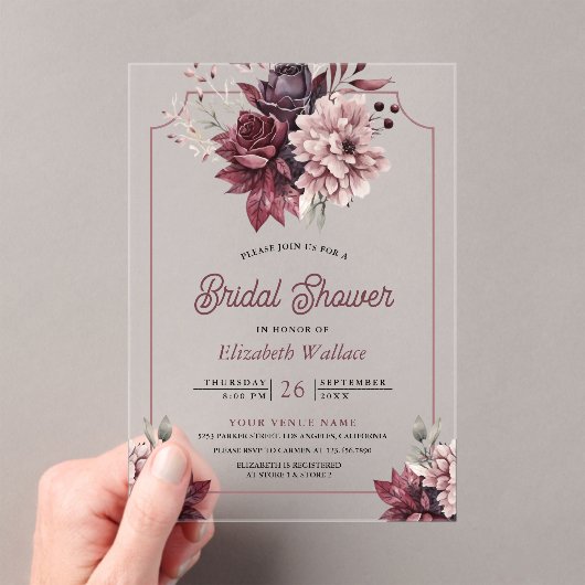 Dusty Pink Burgundy Floral Bridal Shower アクリル招待状 (インサイチュ (ポータブル))
