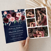 Dusty Pink Burgundy Floral QR Code Navy Wedding 招待状