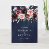 Dusty Pink Burgundy Floral QR Code Navy Wedding 招待状 (正面)