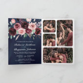 Dusty Pink Burgundy Floral QR Code Navy Wedding 招待状 (内部)