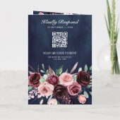 Dusty Pink Burgundy Floral QR Code Navy Wedding 招待状 (裏面)