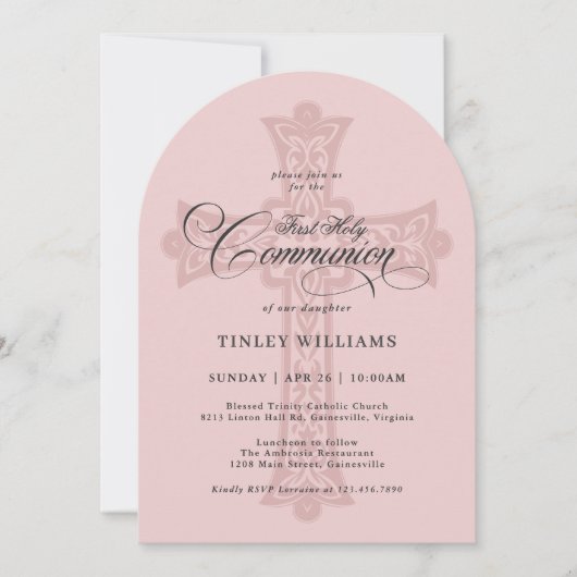 Dusty Pink Celtic Cross First Holy Communion 招待状 (正面)