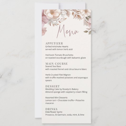 Dusty Pink Cream Magnolia Floral Wedding Menu Card 招待状 (正面)