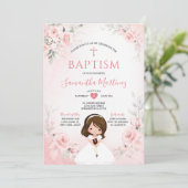 Dusty Pink Cross Floral Girl Praying Holy Baptism 招待状 (スタンド正面)