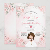Dusty Pink Cross Floral Girl Praying Holy Baptism 招待状 (正面/裏面)