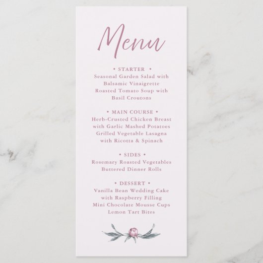 Dusty Pink Elegant Script Wedding Menu  メニュー (正面)