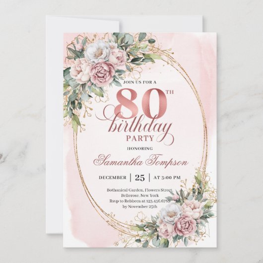Dusty Pink Eucalyptus 80th Birthday Invite Card 招待状 (正面)