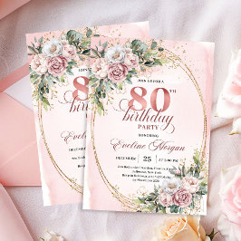 Dusty Pink Eucalyptus 80th Birthday Invite Card 招待状