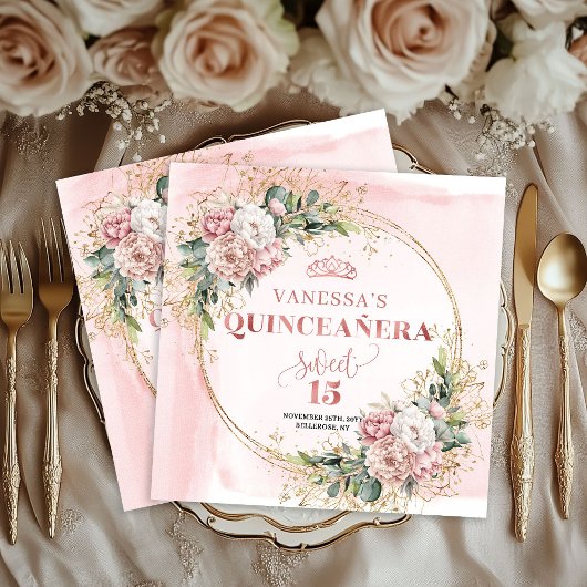 Dusty Pink Eucalyptus Floral Napkin 15th Birthday スタンダードカクテルナプキン