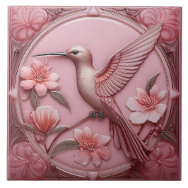 Dusty pink faux relief Art Nouveau Hummingbird L タイル