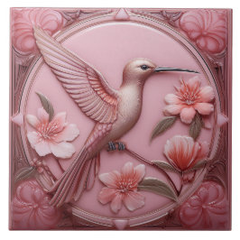 Dusty pink faux relief Art Nouveau Hummingbird R タイル