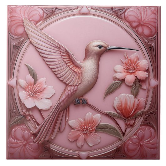 Dusty pink faux relief Art Nouveau Hummingbird R タイル (正面)