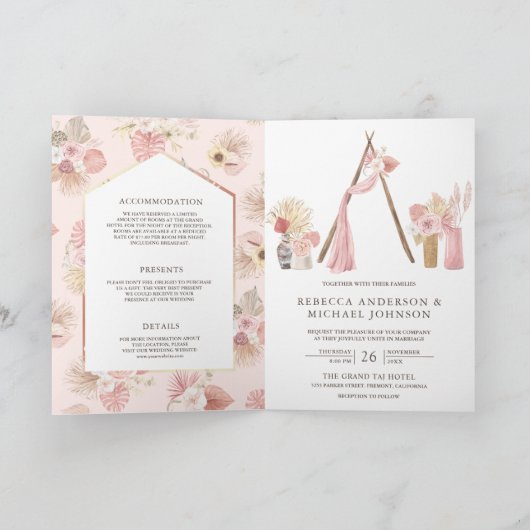 Dusty Pink Floral Boho Beach Arbor QR Code Wedding 招待状 (内部)