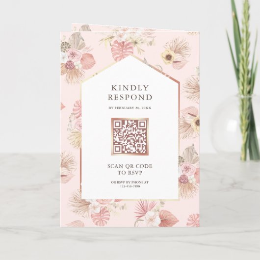 Dusty Pink Floral Boho Beach Arbor QR Code Wedding 招待状 (裏面)