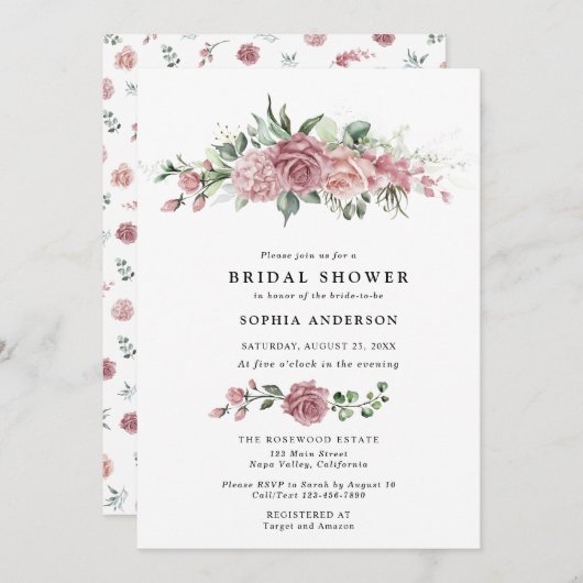Dusty Pink Floral Bridal Shower Invitation 招待状 (正面/裏面)