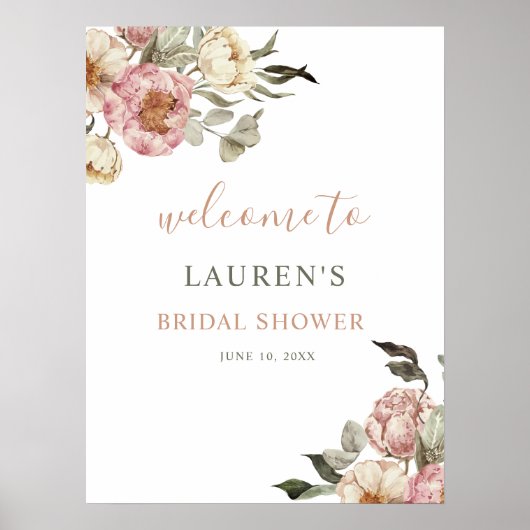 Dusty Pink Floral Bridal Shower Welcome Sign ポスター (正面)