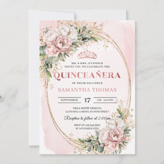 Dusty Pink Floral Eucalyptus 15th Birthday Invite 招待状 (正面)