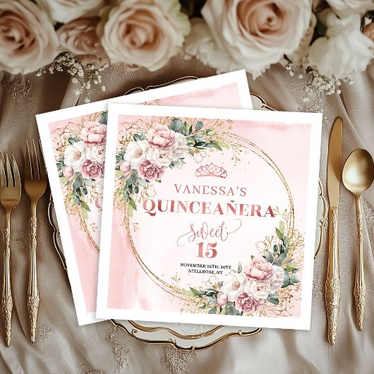 Dusty Pink Floral Eucalyptus Birthday Napkins スタンダードカクテルナプキン