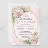 Dusty Pink Floral Eucalyptus Quinceañera Birthday  招待状 (正面)