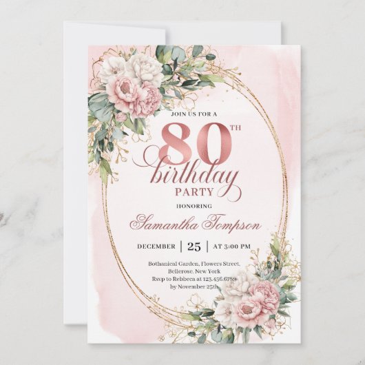 Dusty Pink Floral Gold Glitter Eucalyptus 80th 招待状 (正面)