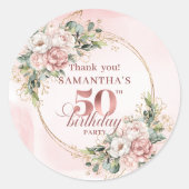 Dusty Pink Floral Greenery 50th Birthday Stickers ラウンドシール (正面)