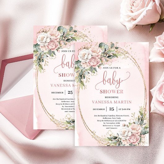 Dusty Pink Floral Greenery Baby Girl Shower Invite 招待状