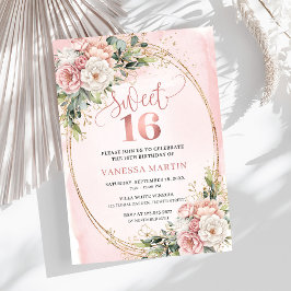Dusty Pink Floral Greenery Sweet Sixteen Invites 招待状