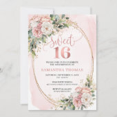 Dusty Pink Floral Greenery Sweet Sixteen Invites 招待状 (正面)