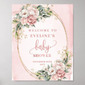 Dusty Pink Floral Greenery Welcome Baby Shower Sig ポスター (正面)